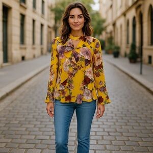 BELLE & Sky Yellow High Neck Ruffle Long Bell Sleeve Floral Printed Top Medium